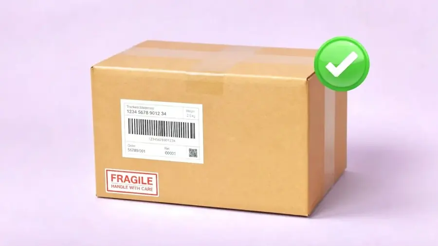 A sealed, labelled parcel with a green tick