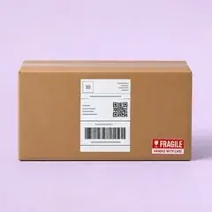 Parcel with shipping label on the largest flat side and a Fragile sticker