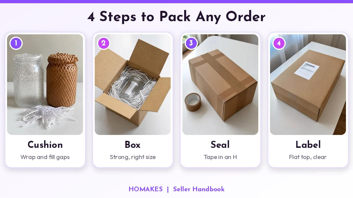 4 steps to pack any order: Cushion, Box, Seal, Label