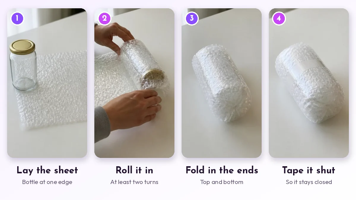 Bubble wrap steps: lay the sheet, roll it in, fold in the ends, tape it shut