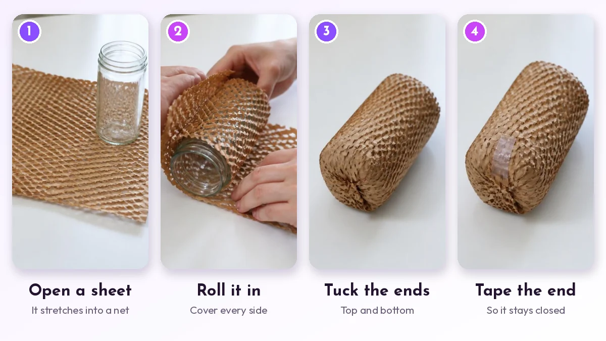 Honeycomb paper steps: open a sheet, roll it in, tuck the ends, tape the end