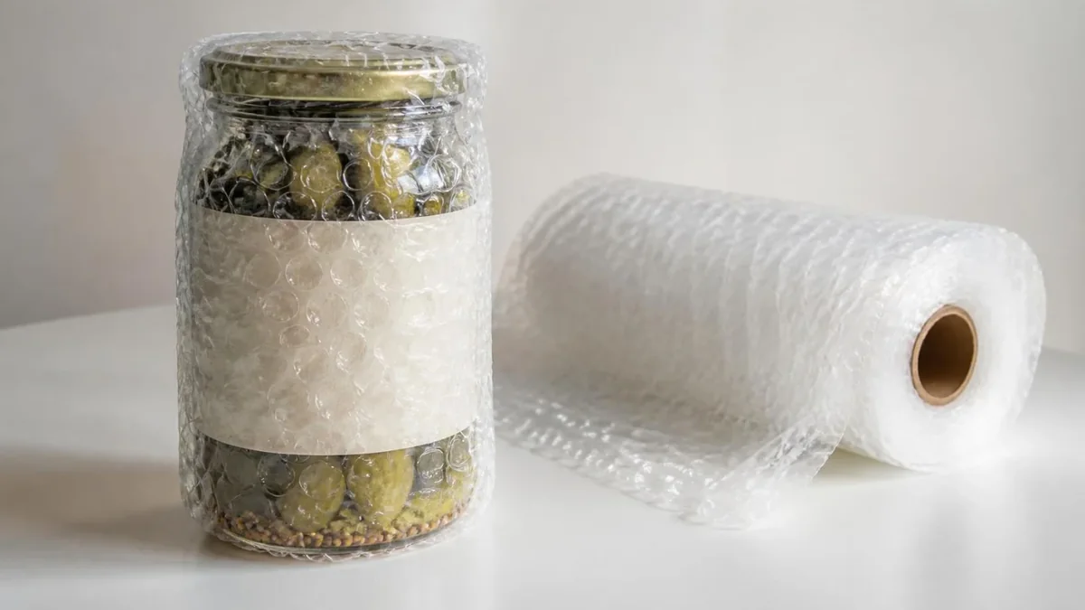 A glass jar wrapped in clear bubble wrap with a roll of bubble wrap beside it
