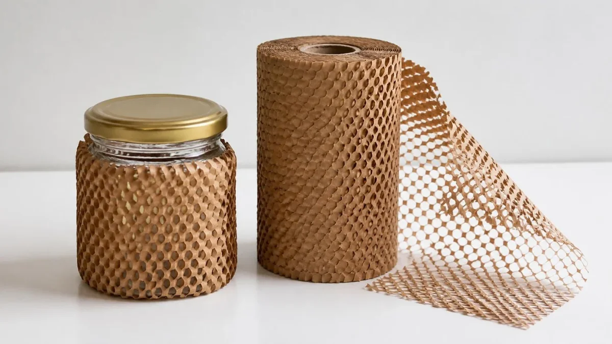 A glass jar wrapped in brown honeycomb paper with a roll of honeycomb paper beside it