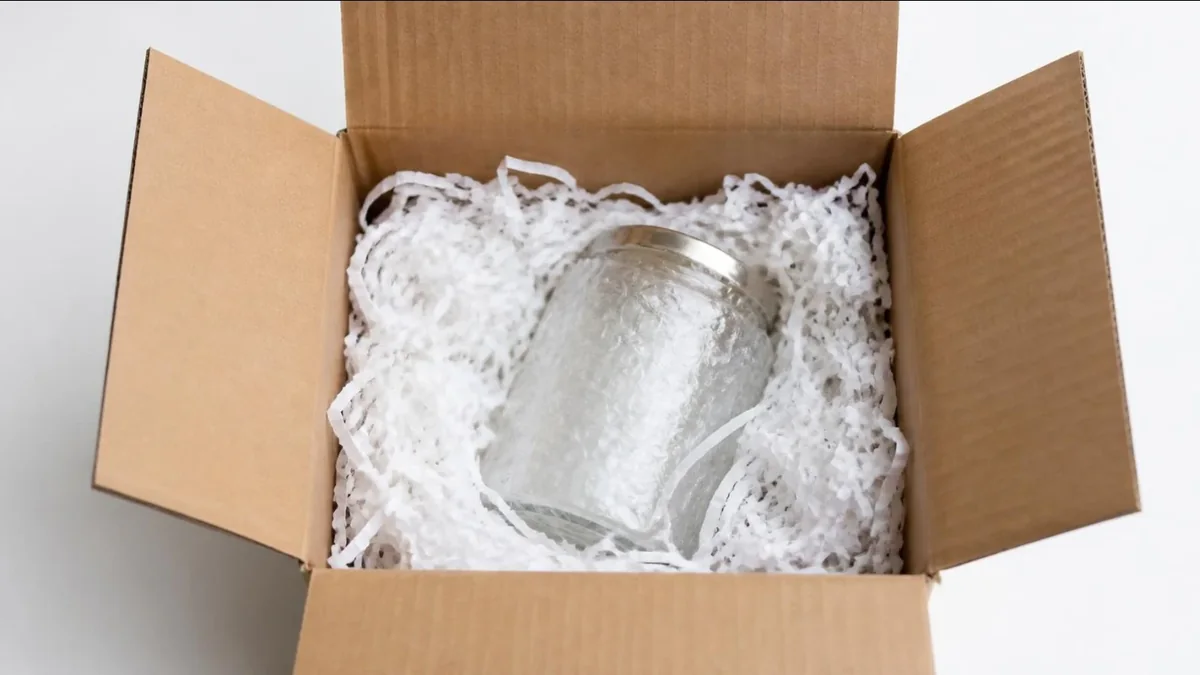 A glass jar packed in white shredded paper inside a cardboard box