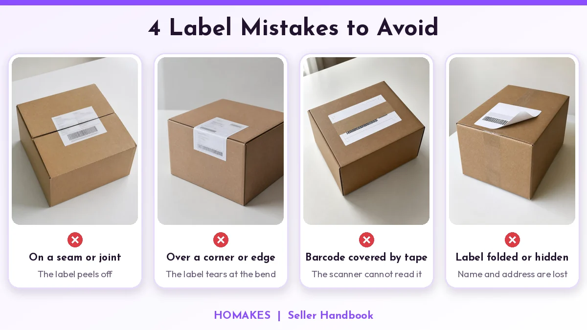 4 label mistakes: on a seam, over a corner, barcode covered, label folded
