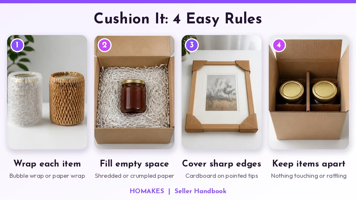 4 cushion rules: wrap each item, fill empty space, cover sharp edges, keep items apart