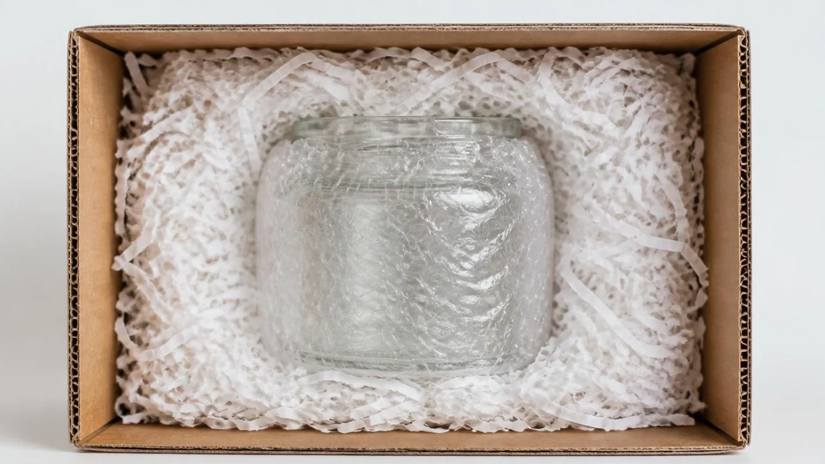 Cross-section of a box: soft layer on top, sides and bottom around a wrapped bottle