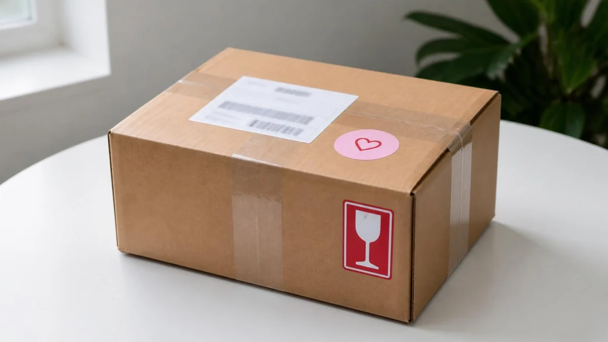 Finished box with shipping label, thank-you sticker and Fragile sticker