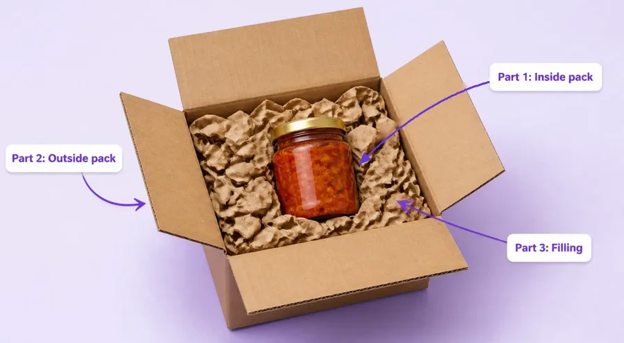 The 3 parts of a parcel: Part 1 inside pack, Part 2 outside pack, Part 3 filling