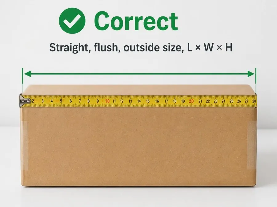 Correct: straight, flush, outside size, L x W x H