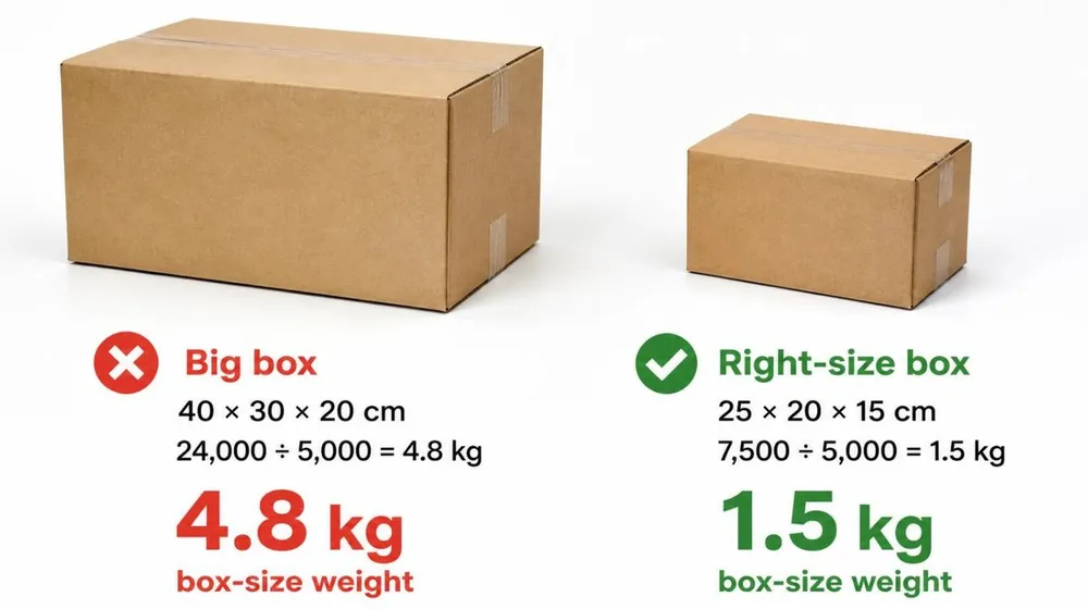 Product weighs 1 kg: big box 40 x 30 x 20 cm has a box-size weight of 4.8 kg, right-size box 25 x 20 x 15 cm has 1.5 kg