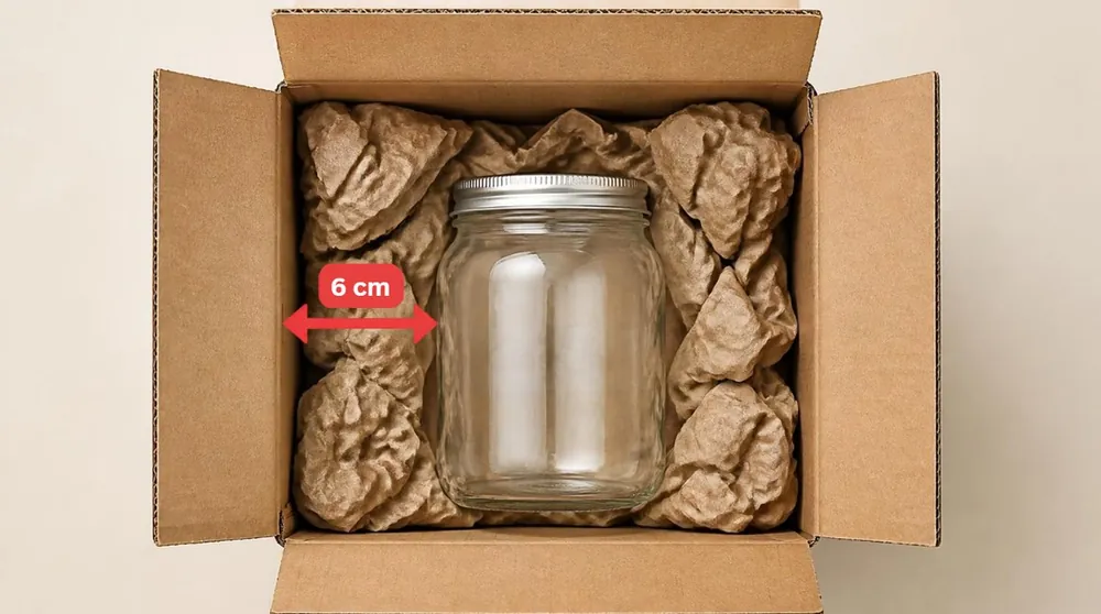 Empty glass jar in a box with crumpled paper cushioning and a 6 cm gap to the box wall