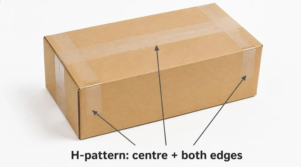 Box sealed with H-pattern tape: centre strip and both edges