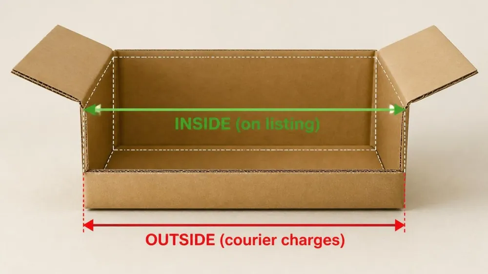 Open box showing inside size on the listing and the larger outside size the courier charges