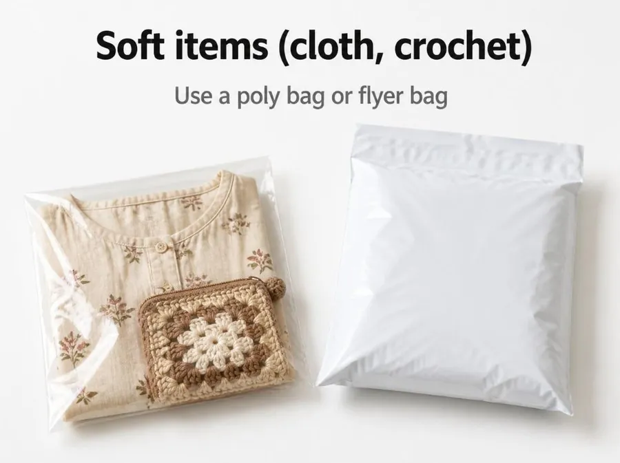 Soft items such as cloth and crochet: use a poly bag or flyer bag
