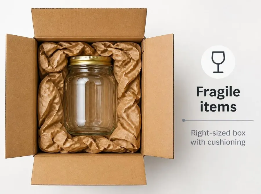 Fragile items: right-sized box with cushioning