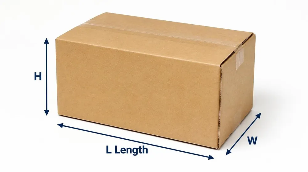 Box with arrows showing H height, L length and W width