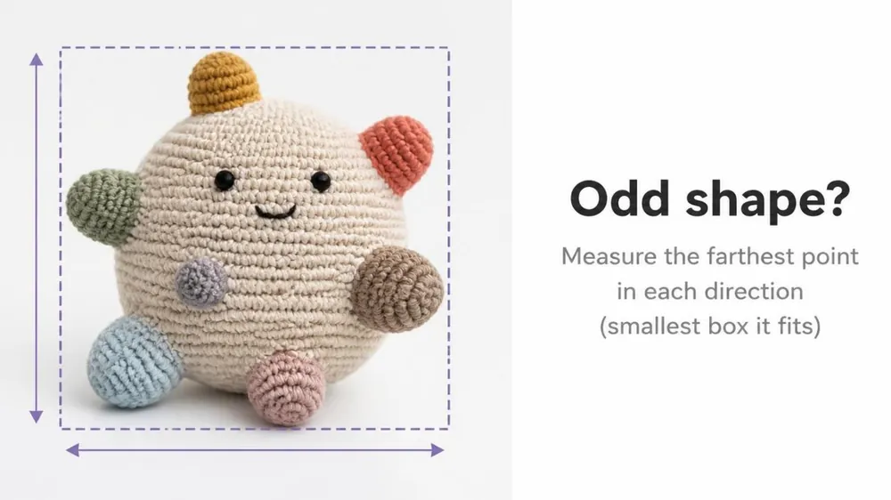 Odd-shaped crochet toy inside the smallest box it fits, measured at its farthest points