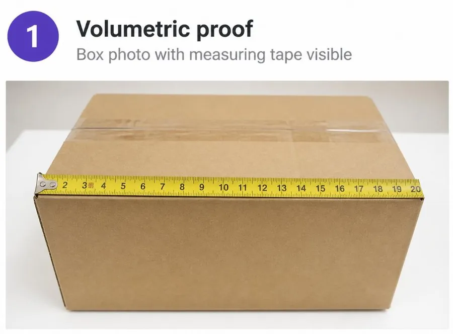 Volumetric proof: box photo with measuring tape visible