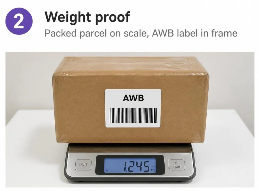 Weight proof: packed parcel on scale with AWB label in frame