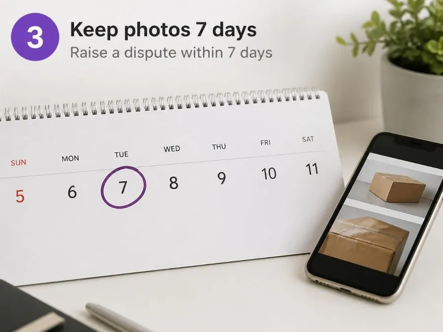 Keep photos 7 days and raise a dispute within 7 days