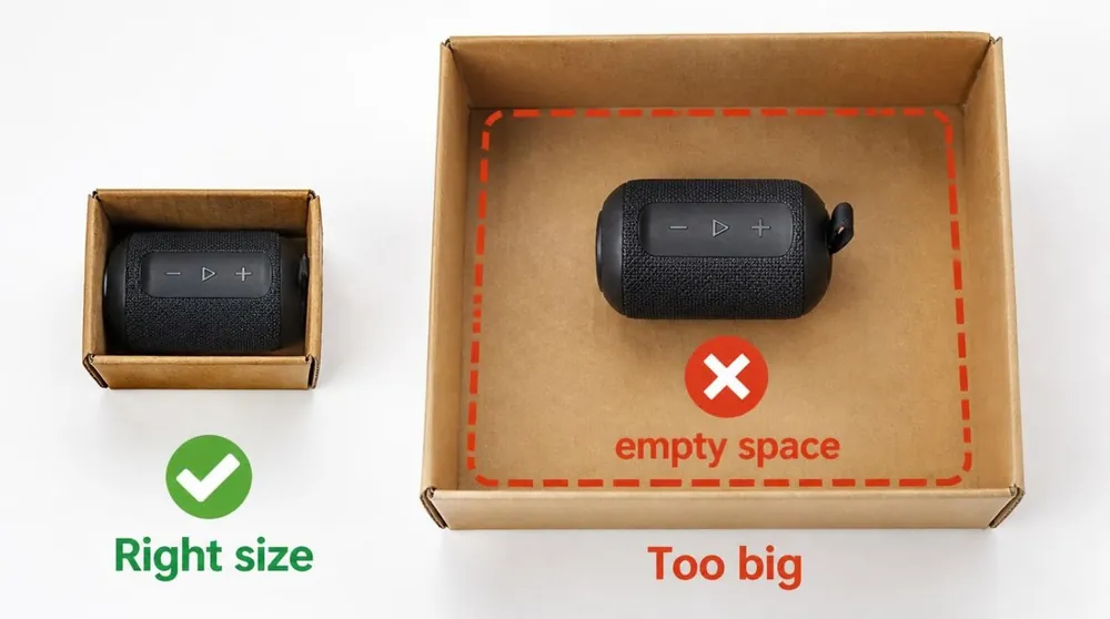 Right size: small speaker snug in a small box. Too big: same speaker in a large box with empty space