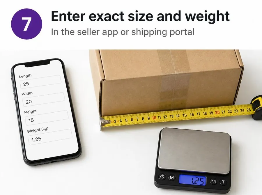Enter exact size and weight in the seller app or shipping portal