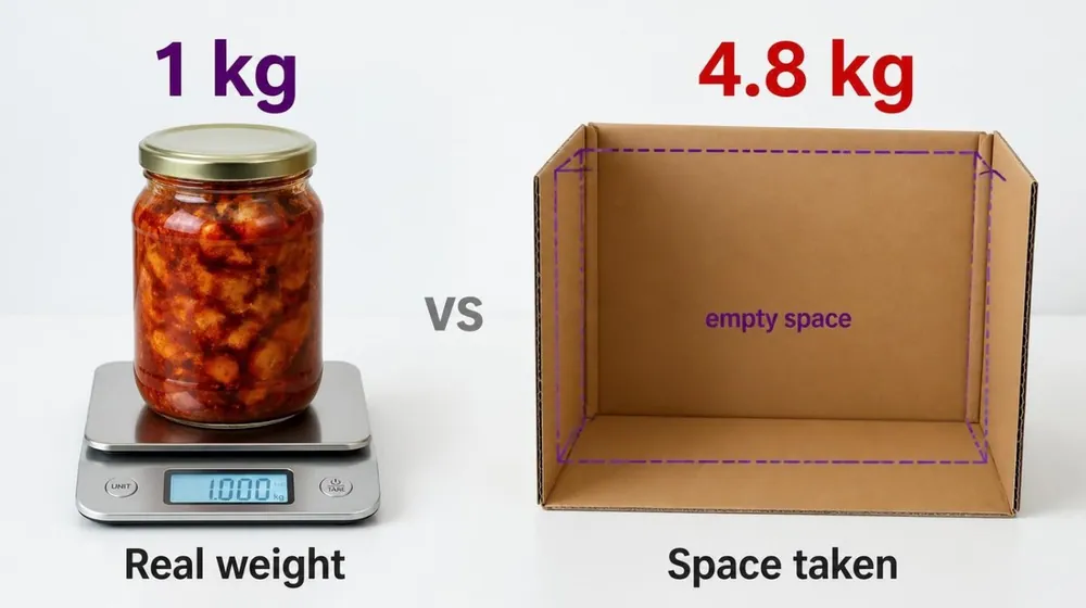 Real weight 1 kg on a scale versus 4.8 kg for the space a big empty box takes
