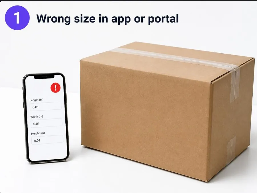 Wrong size in app or portal: tiny size entered, much bigger box
